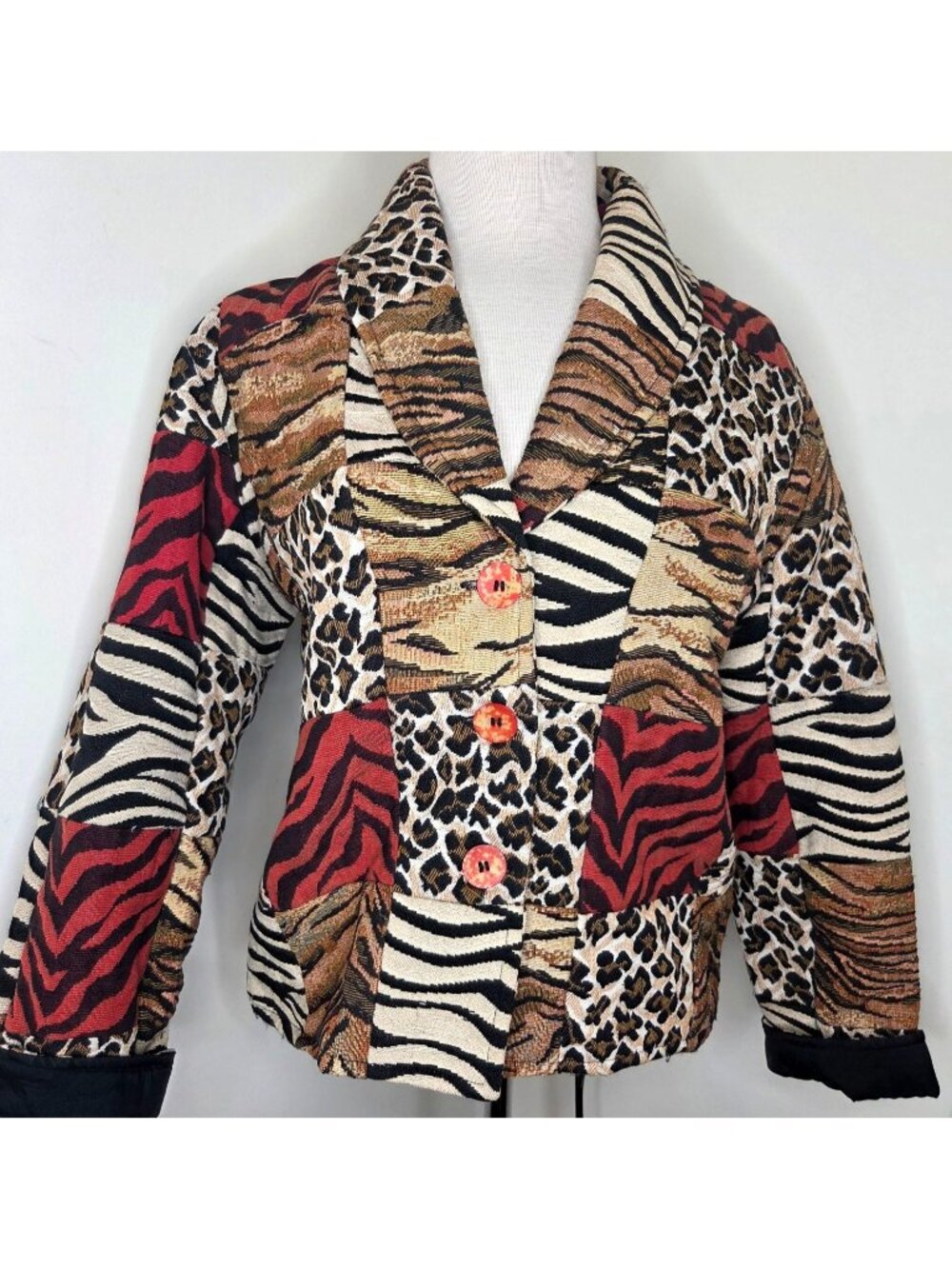 VTG Womens Animal Print Patchwork Blazer Jacket S Blend Brown Black leopard